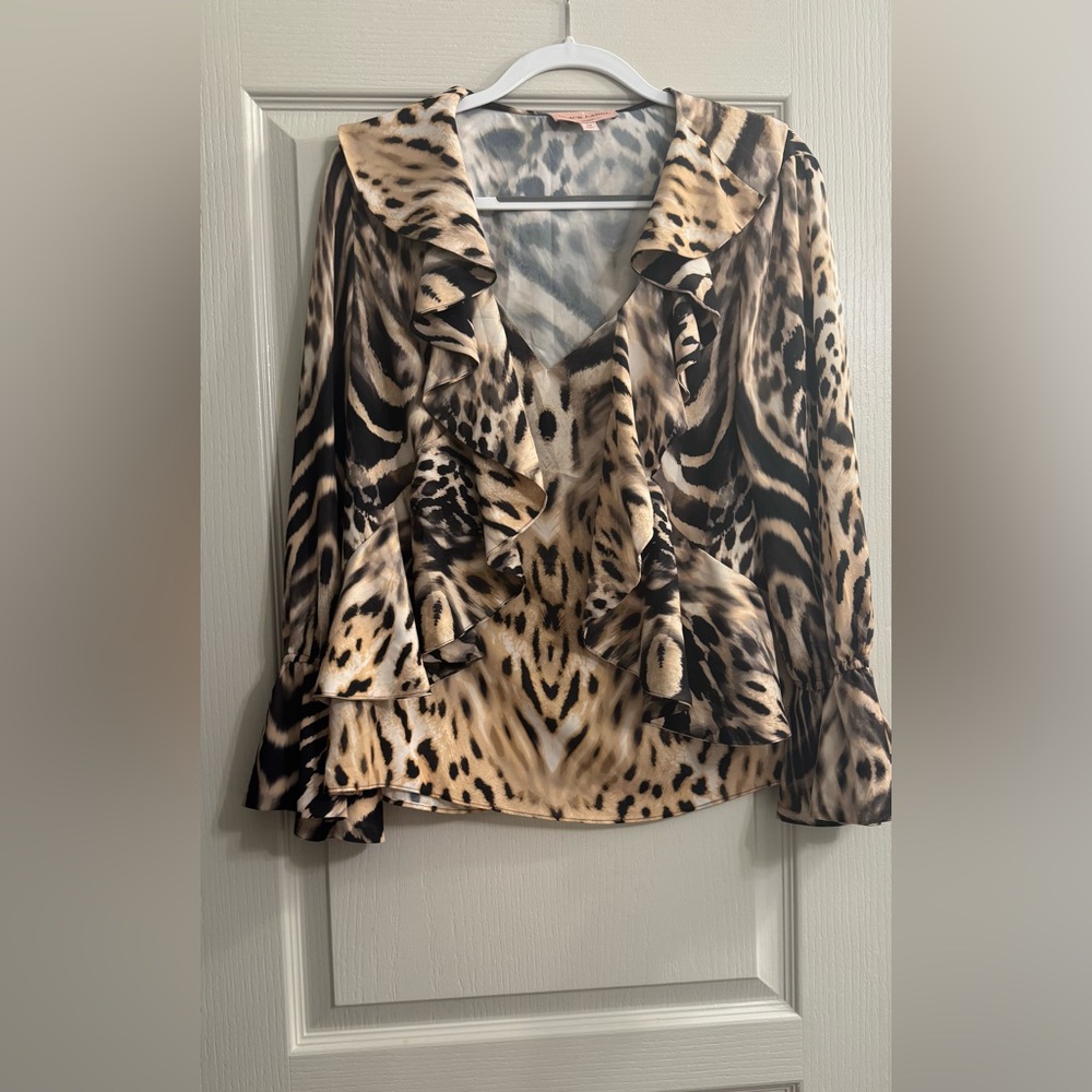 Black Label by Chico’s Elegant Animal Print Ruffle Blouse